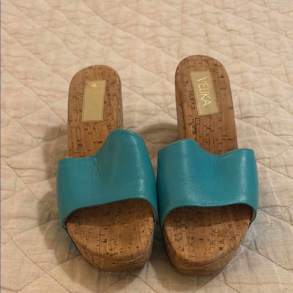 Size 7.5 Aqua Blue Mules with Cork Footbed